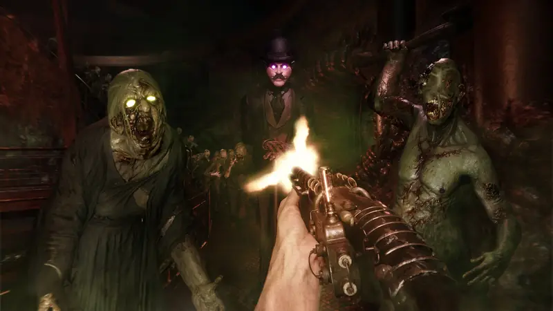 Sker Ritual first-person shot firing at Quiet Ones while a bowler-hatted elite stands ahead