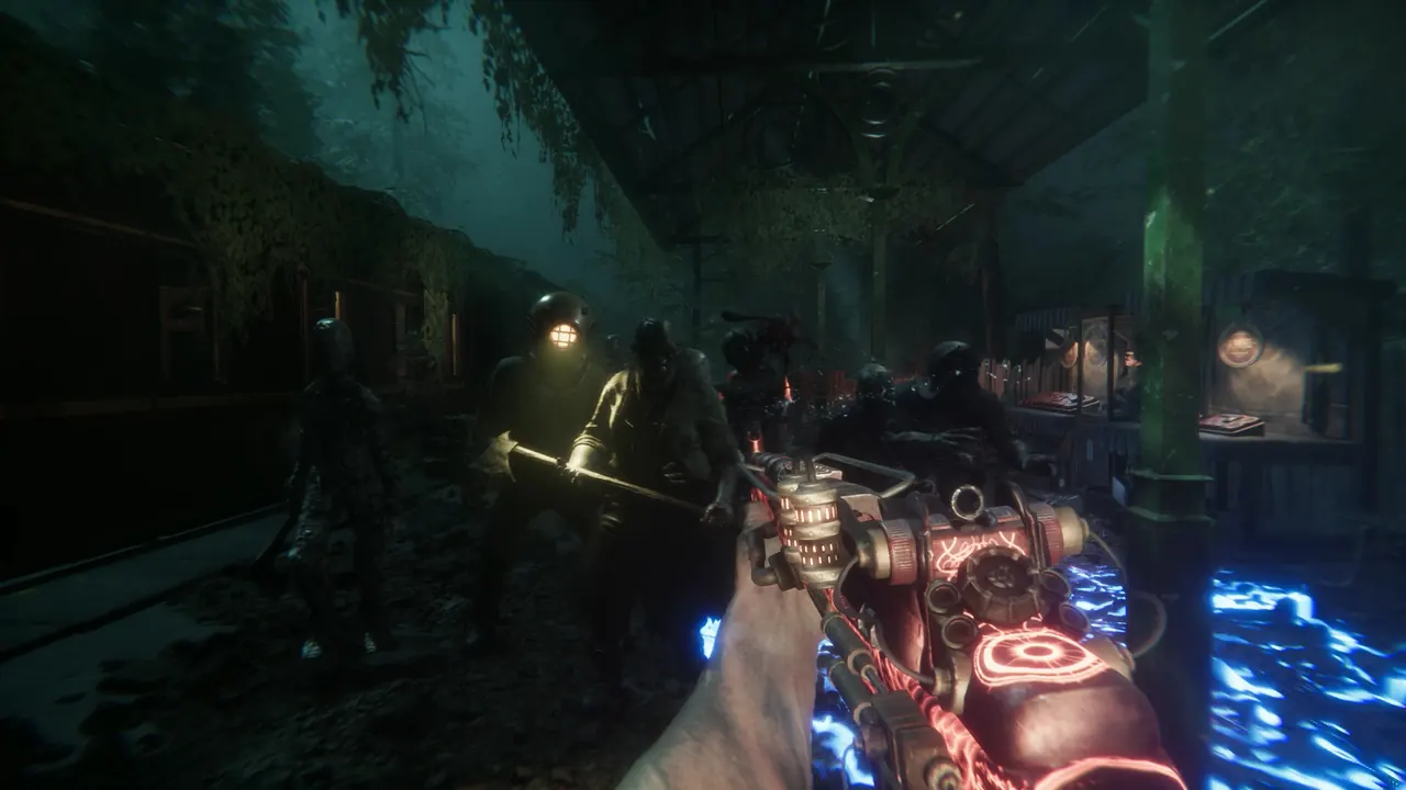 Sker Ritual night courtyard with a weapon aimed past blue light on the ground