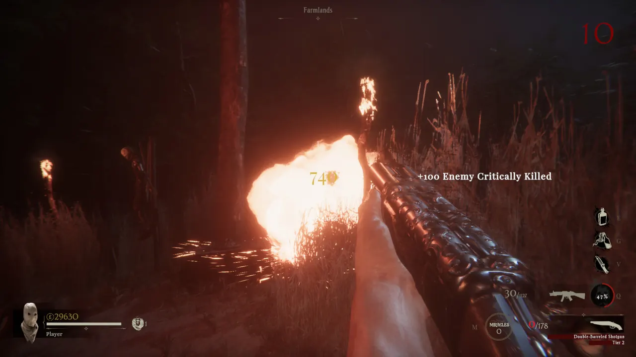 Sker Ritual night trees and a muzzle flash while an enemy closes in