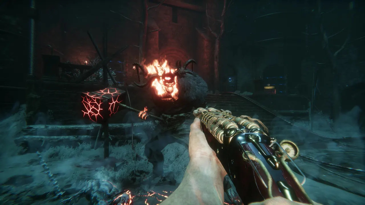 Sker Ritual corridor fight with a flaming enemy and a shotgun