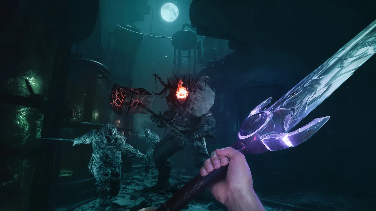 Sker Ritual first-person view of a glowing violet blade among enemies